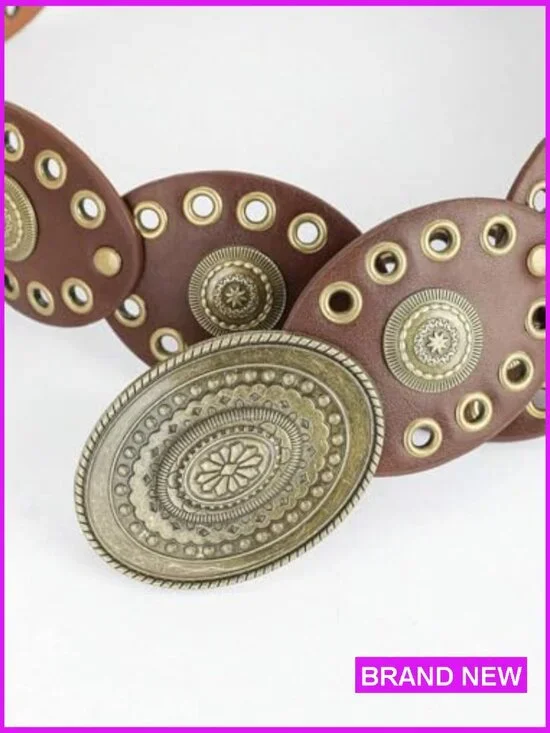 Wide Western Leather Belt Boho Concho Buckle Adjustable Vintage Cowgirl Style - Picture 5 of 6